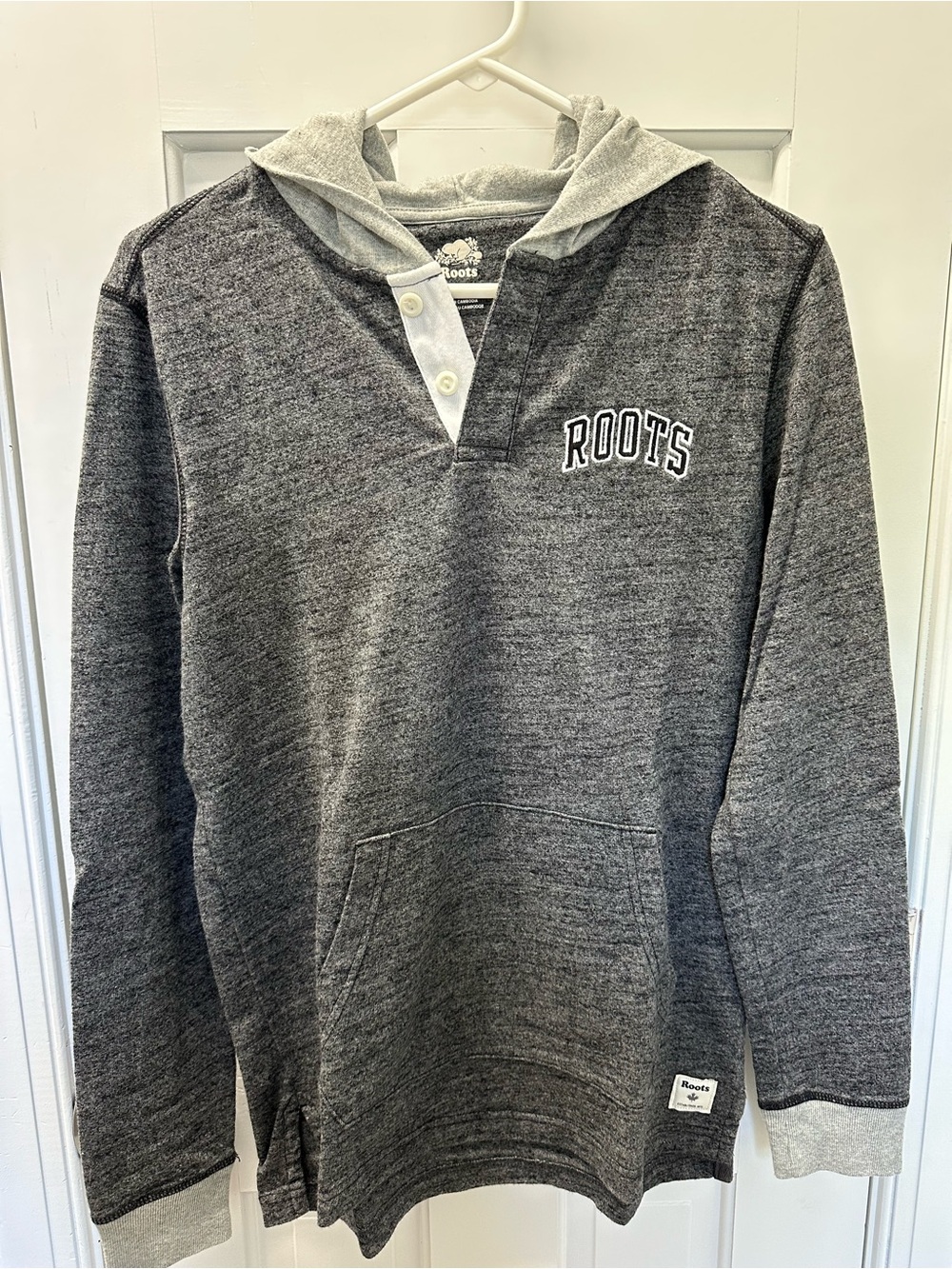 Roots Grey and White Hooded Pullover with Logo Print